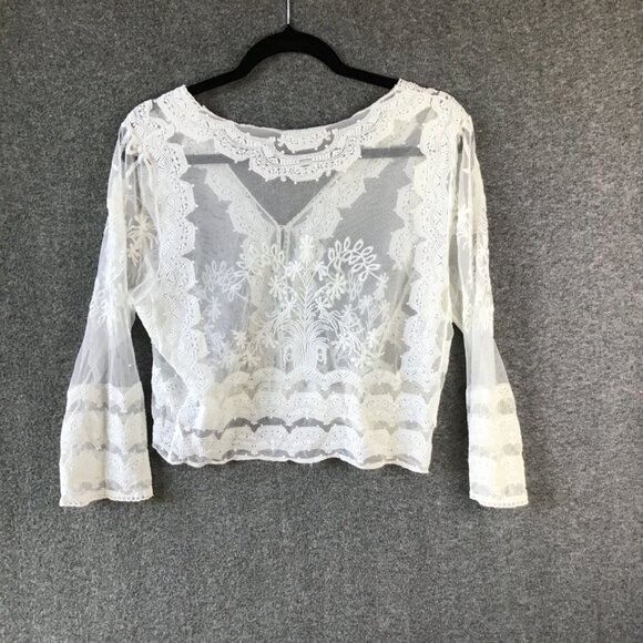 Rabbit Rabbit Rabbit Elbow Sleeve Ivory Lace Shrug Jacket Top Sz L - Picture 2 of 9